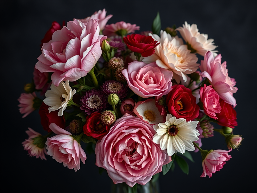A lush bouquet of mixed flowers featuring soft pink, red, and cream blooms, arranged artfully against a dark, moody background, shot with a Canon EOS R5 at f/2.8, ISO 100, 85mm lens, in soft focus for a painterly effect.