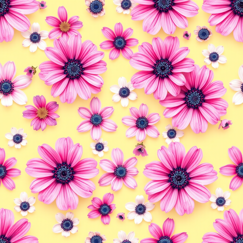 Create a seamless floral pattern featuring pink and white flowers with intricate blue centers against a pale yellow background, captured with a DSLR camera at f/8 aperture, ISO 100, 50mm lens, top-down view, vibrant colors, high-resolution.