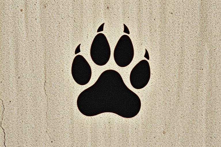Create a high-resolution image of a paw print against a textured background, using a Canon EOS 5D Mark IV camera, with a 50mm lens, aperture set to f/1.8, ISO 200, and a soft natural light setting for enhanced detail and clarity.