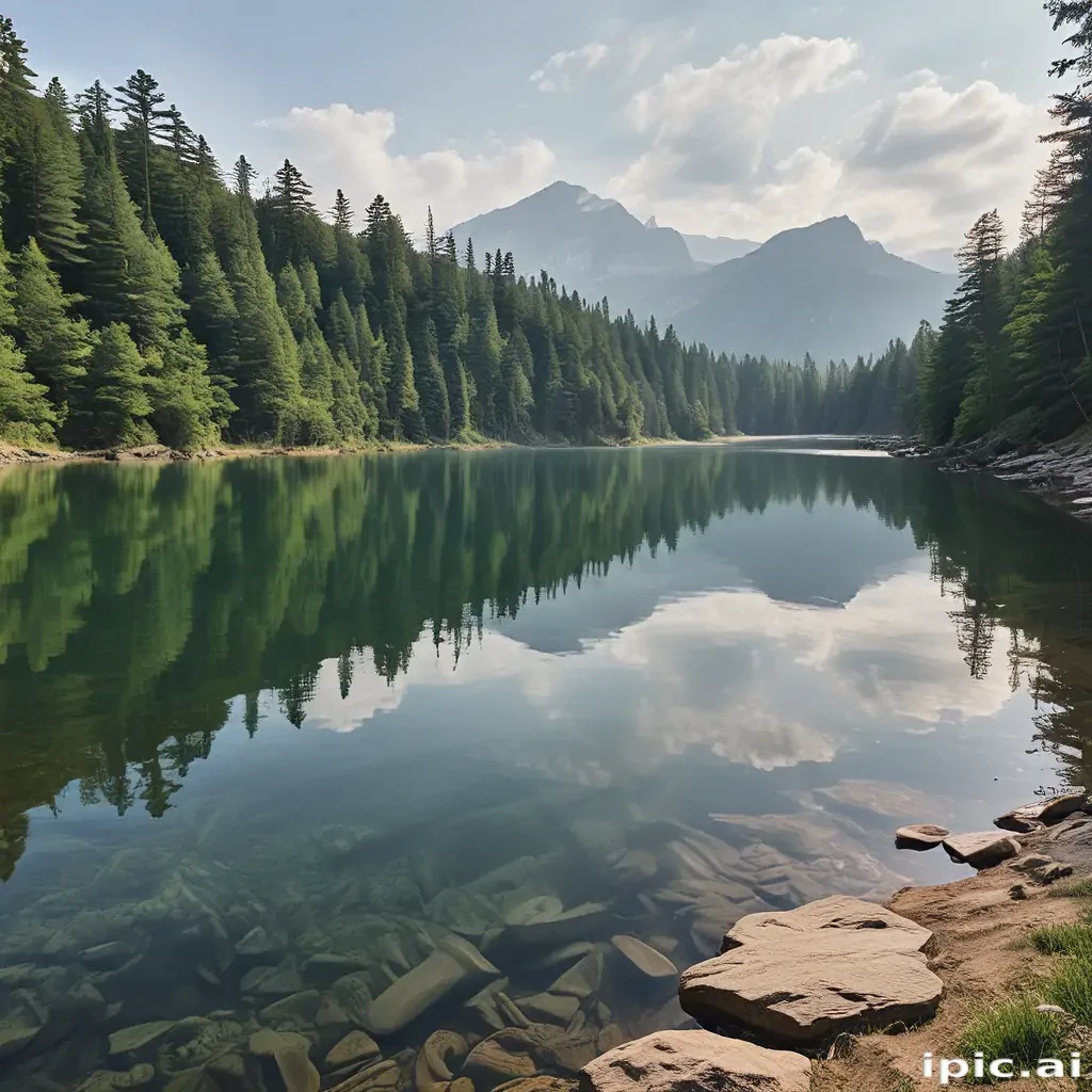 Tranquil Lake Surrounded by Lush Green Forest and Majestic Mountains