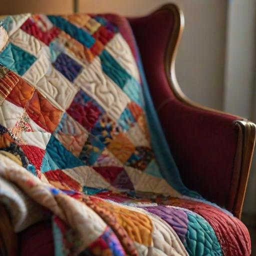 Close-up of an intricate handmade quilt, showcasing vibrant patterns and textures, draped over a cozy chair in a softly lit room, inviting warmth and comfort.