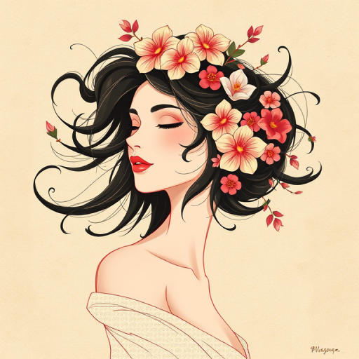 Create a high-resolution illustration of a stylized woman with flowing hair adorned with flowers, on a textured beige background, using a digital art style, simulating a Canon EOS R5 camera with a 50mm f/1.2 lens, aperture set to f/2.8, ISO 100, and soft natural lighting for enhanced detail and clarity.