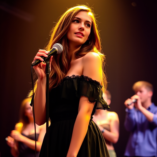 A young woman with long, flowing brown hair is standing in the center of the frame, holding a microphone in her right hand, and looking slightly off to the right side of the frame. She is wearing a black, off-the-shoulder dress with delicate lace detailing. The lighting is warm and dramatic, creating a spotlight effect on the singer. There are other figures in the background, blurred and out of focus, suggesting a concert or performance setting. The camera angle is low, capturing the woman from the waist up. The overall atmosphere is intimate and captivating.