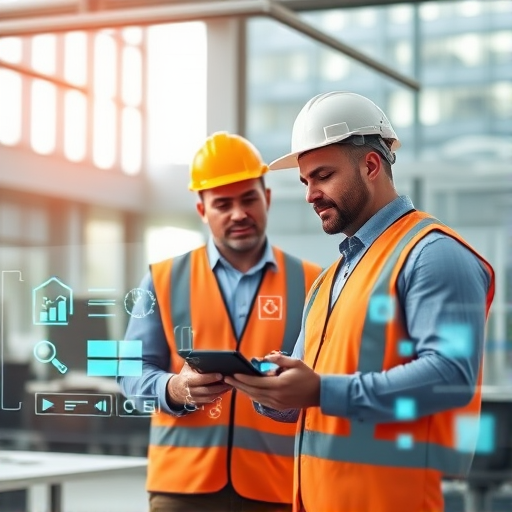 Generate an image of two construction workers discussing over a digital display of technology and icons in a modern office setting, using a Canon EOS R5 camera with a 50mm f/1.2 lens at ISO 100, shutter speed 1/125s, f-stop 1.2, with a wide-angle view and soft background blur for depth.