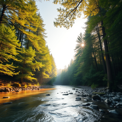 Create an image of a serene, sunlit forest scene with a clear, gently flowing river. Tall trees with lush green foliage line both sides of the river, their leaves bathed in the warm golden light of the setting or rising sun. The sunlight filters through the trees, casting soft, dappled light on the river, which flows over smooth rocks and pebbles, creating a peaceful, natural atmosphere. The sky is bright with a few scattered clouds, and the overall mood is tranquil, evoking a deep sense of connection with nature. The image captures the beauty of a calm, pristine forest landscape at either dawn or dusk.