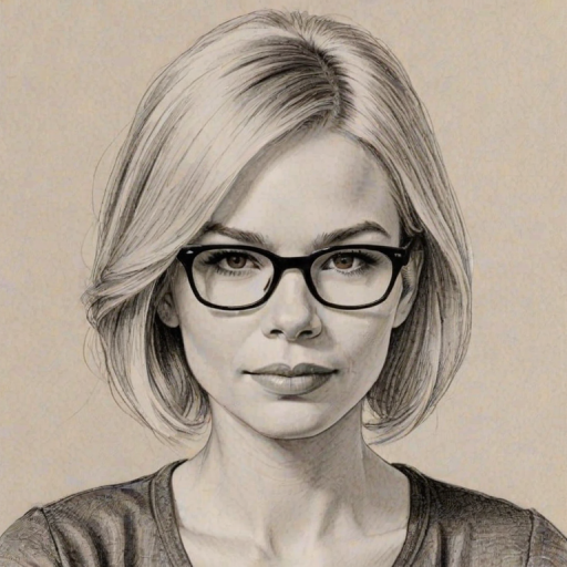 Appealing Michelle Williams, pencil sketch, portrait of Graceful woman 1967s in glasses, hair style beatnik, outline, clear lines, fine lines, 8k