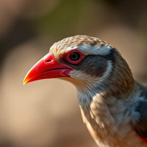high-resolution image of a bird with a red beak and distinctive markings, captured with a Canon EOS R5, 50mm lens, aperture f/1.8, shutter speed 1/250s, ISO 100, natural light, side view, focus on the bird with a blurred background for clarity.