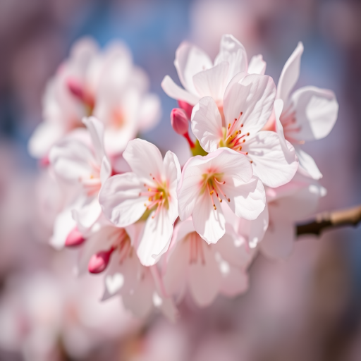 close-up shot of blooming cherry blossoms with soft focus background, aperture f/2.8, shutter speed 1/500s, ISO 100, 50mm lens, natural light, DSLR camera