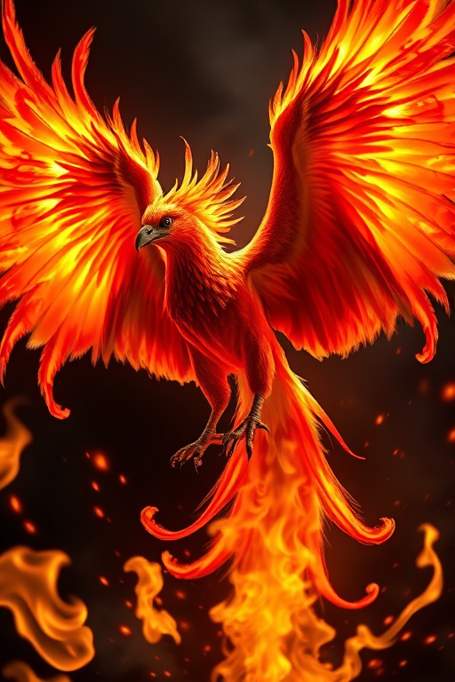 Capture a majestic phoenix with fiery wings spread wide, surrounded by glowing embers and swirling flames, shot in high resolution using a DSLR camera with a 50mm f/1.8 lens at ISO 100, shutter speed 1/500s, and aperture f/2.8, in a low-angle view against a dramatic dark background for enhanced clarity and depth.