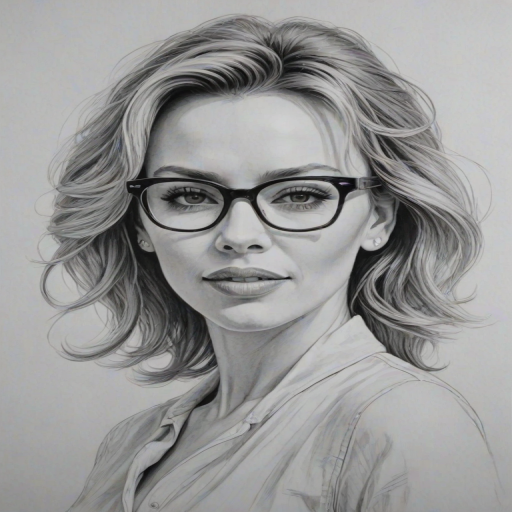 Attractive Kylie Minogue, pencil sketch, portrait of Gorgeous woman 1958s in glasses, hair style beatnik, outline, clear lines, fine lines, 8k