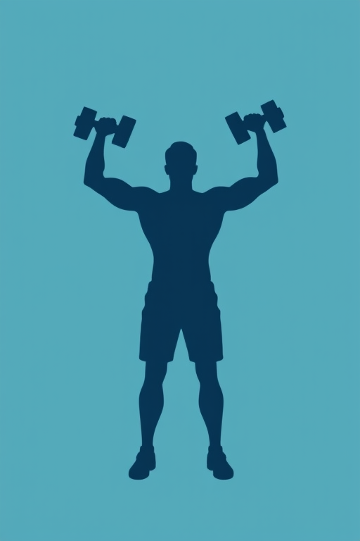 Create a vector illustration of a silhouette of a person lifting dumbbells, with a modern and minimalistic design, use a cool color palette, focus on smooth lines and dynamic pose, DSLR camera settings: ISO 100, f/4, 1/250s, wide-angle lens, top-down view, flat lay style for clarity and detail.