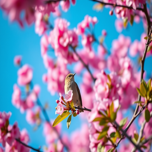 Capture a serene scene of a bird perched among vibrant pink cherry blossoms under a bright blue sky, with a shallow depth of field, using a Canon EOS R5 with a 85mm f/1.4 lens, ISO 100, shutter speed 1/1000 sec, aperture f/2.8, natural soft lighting, and a focus on the bird while softly blurring the background.