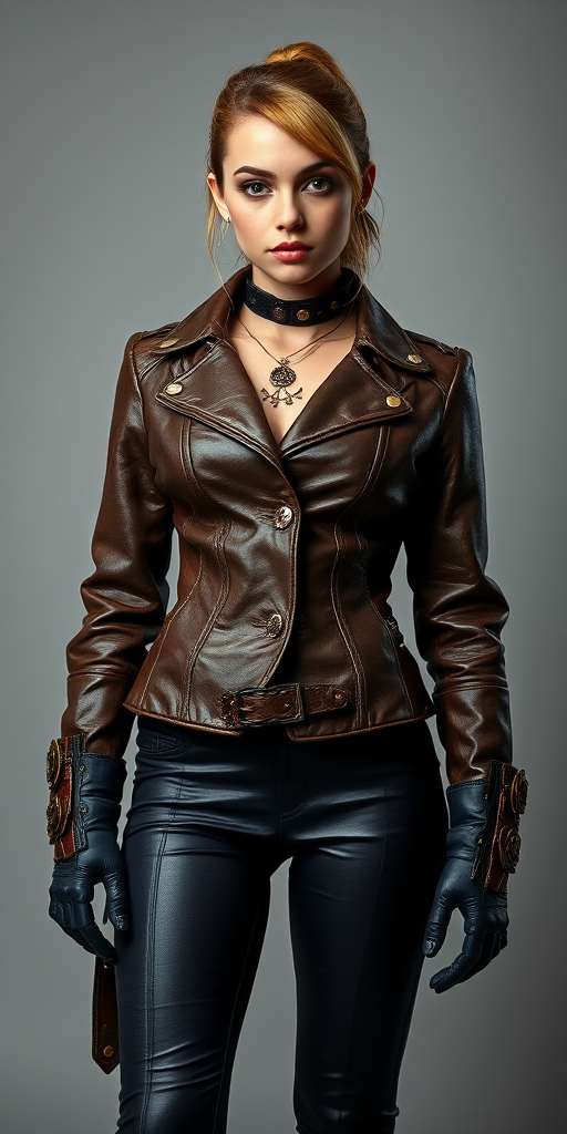 A full-body portrait of a female steampunk character wearing a stylish leather jacket and fitted pants, standing confidently with a neutral expression; camera settings: f/1.8, ISO 100, 1/200s; camera view: eye level; camera style: portrait; camera type: DSLR.