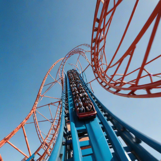 Blurry, high-speed image of a rollercoaster mid-loop, riders' faces filled with a mix of fear and excitement, the bright blue sky in the background, distant screams of other riders, shadows cast by the towering metal structure.