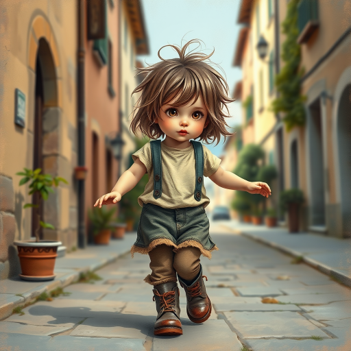 Whimsical little 3-year-old girl wearing scruffy tomboy clothes, boots, messy hair heavily blushed cheeks, pink lips, closely dancing in the street of an Italian village,Textured painterly fantasy artistic mixed media