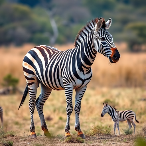 Generate an image of a zebra standing sideways in a natural setting, captured with a DSLR camera at ISO 100, aperture f/8, shutter speed 1/500s, using a 50mm lens for a clear depth of field and vibrant colors.