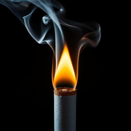 Regenerate an image of a cigarette with smoke swirling above it, using a DSLR camera, aperture f/2.8, ISO 100, 50mm lens, shooting from a top-down view to enhance details and contrast.
