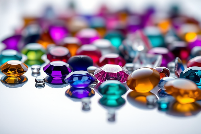 create a high-resolution image of various colorful gemstones scattered on a reflective surface using a macro lens with f/2.8 aperture, ISO 100, 1/250s shutter speed, soft lighting, and a slight tilt-shift effect for depth.