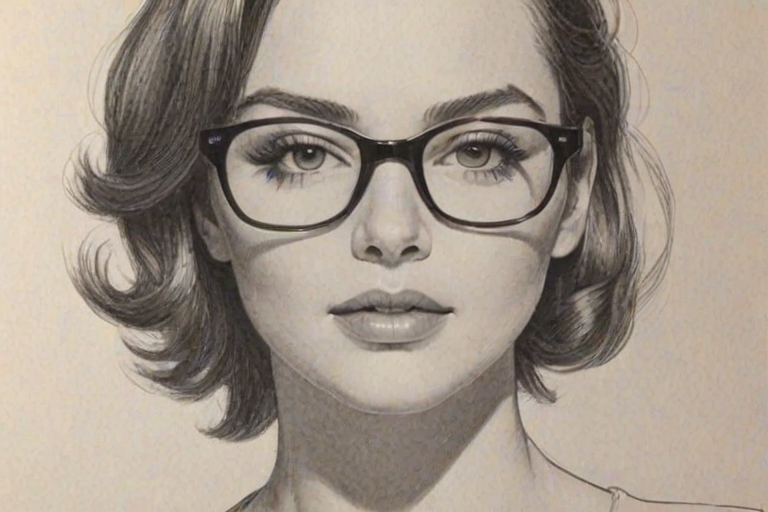 Lovely Kendall Vertes, pencil sketch, portrait of Dazzling woman 1966s in glasses, hair style beatnik, outline, clear lines, fine lines, 8k