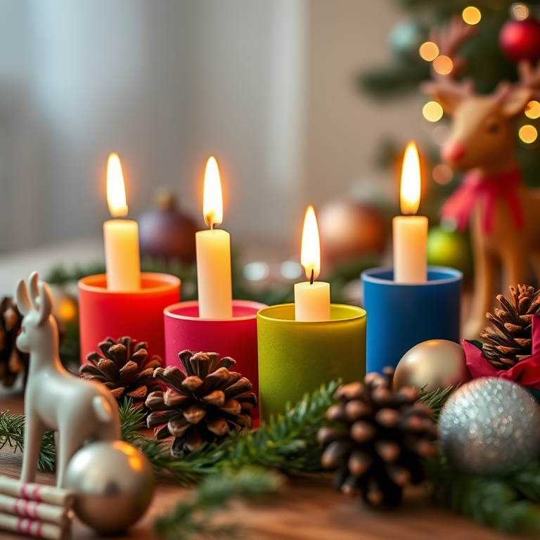 Regenerate a cozy holiday scene featuring four lit candles in colorful holders surrounded by pinecones, ornaments, and a decorative reindeer, shot with a DSLR camera using a 50mm lens, aperture f/2.8, ISO 200, with a shallow depth of field to enhance the foreground details and a soft bokeh effect in the background.