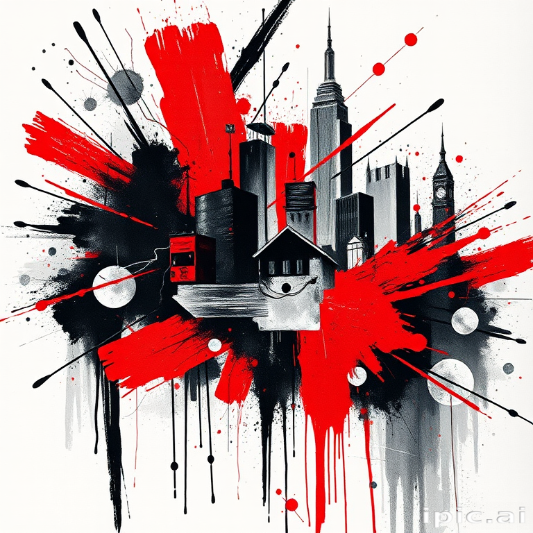 Trash polka tattoo named "Urban Chaos" combining realistic black and gray elements with bold red accents and abstract brush strokes creating a dynamic and edgy composition