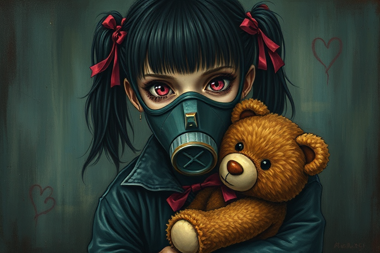 Darkness, horror, creepy, Very strong style of Vincent van Gogh, oil painting of disease, mine - type, mass - produced type, gas mask, cross, ribbon, heart, slanted eyes, twintails, thick coating, black hair, pink eyes, hugging a teddy bear, art styles of Patti Mollica and Mika Pikazo