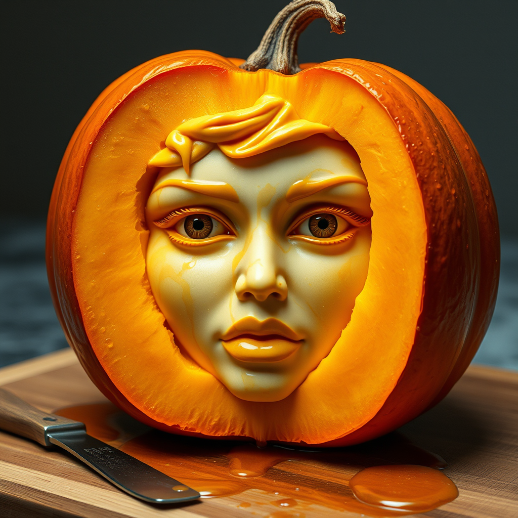 A hyperdetailed photorealistic macro color saturated high resolution image of a pumpkin cut in half, with the pumpkin pit being a highly detailed sculpted woman's face with her eyes open and pumpkin-colored irises. The face has a marble texture. The image includes condensation, moisture, and pumpkin juice. The pumpkin is on a wooden cutting board with a small fruit knife nearby, also covered with juice.