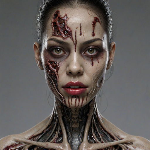 (perspective) of A creepy (ethnicity) zombie cyborg with (descriptive color) skin, (color) lipstick (color) liquid flowing from her eyes and mouth, (perspective two) portrait, (camera angle), extremely detailed, (art style) in the style of Yoshitaka Amano and Tetsuo Hara. --ar 85:128 --style raw --niji 6