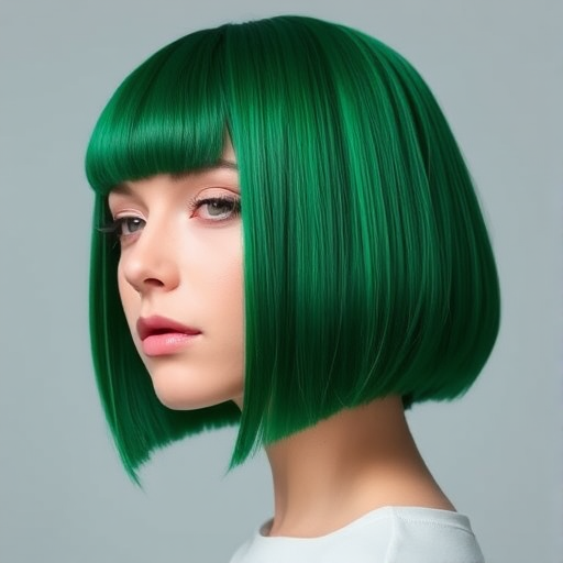 Striking emerald green bob with blunt bangs, styled sleek and straight for a polished and futuristic appearance, commanding attention