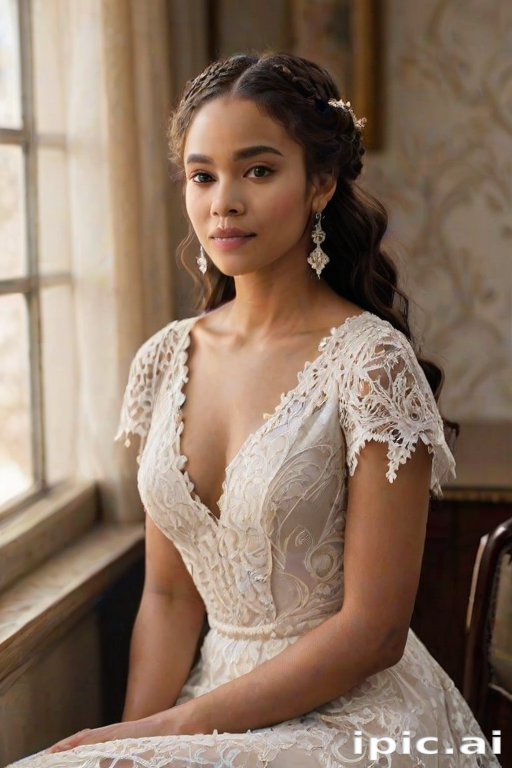Create a portrait of a refined and elegant woman seated in a sophisticated setting. She has long, wavy hair styled in two thick braids that are pulled over her shoulders. She wears a white, lace gown with intricate patterns, featuring a deep V-neckline and short sleeves. The dress exudes a vintage charm with its delicate lacework. She is adorned with ornate, dangling earrings that add a touch of glamour to her appearance. The background is softly lit, with warm, ambient lighting that creates a cozy and inviting atmosphere. Her expression is poised and serene, capturing a sense of grace and elegance.