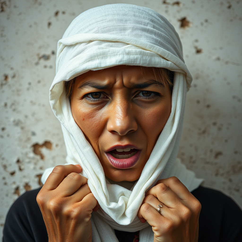 Create a close-up photographic image of a Nepali woman with light skin tones shown against an old, worn wall. Their head is wrapped in a white cloth covering (i.e.... parts of the head except the nose and mouth, which are open as if they are screaming...), with a slight texture and visible folds in the fabric. Thin strands of blonde hair escape from the wrapping above, falling lightly at the top and sides. Their hands hold the fabric as if they are tugging nervously. The lighting is dramatic and even, casting strong shadows. The image has a minimalist and surreal style with an emphasis on simplicity with soft color tones. The composition is centered.