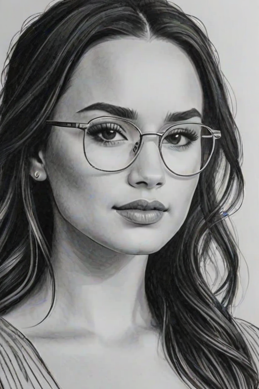 Fetching Demi Lovato, pencil sketch, portrait of Appealing woman 1925s in glasses, hair style beatnik, outline, clear lines, fine lines, 8k