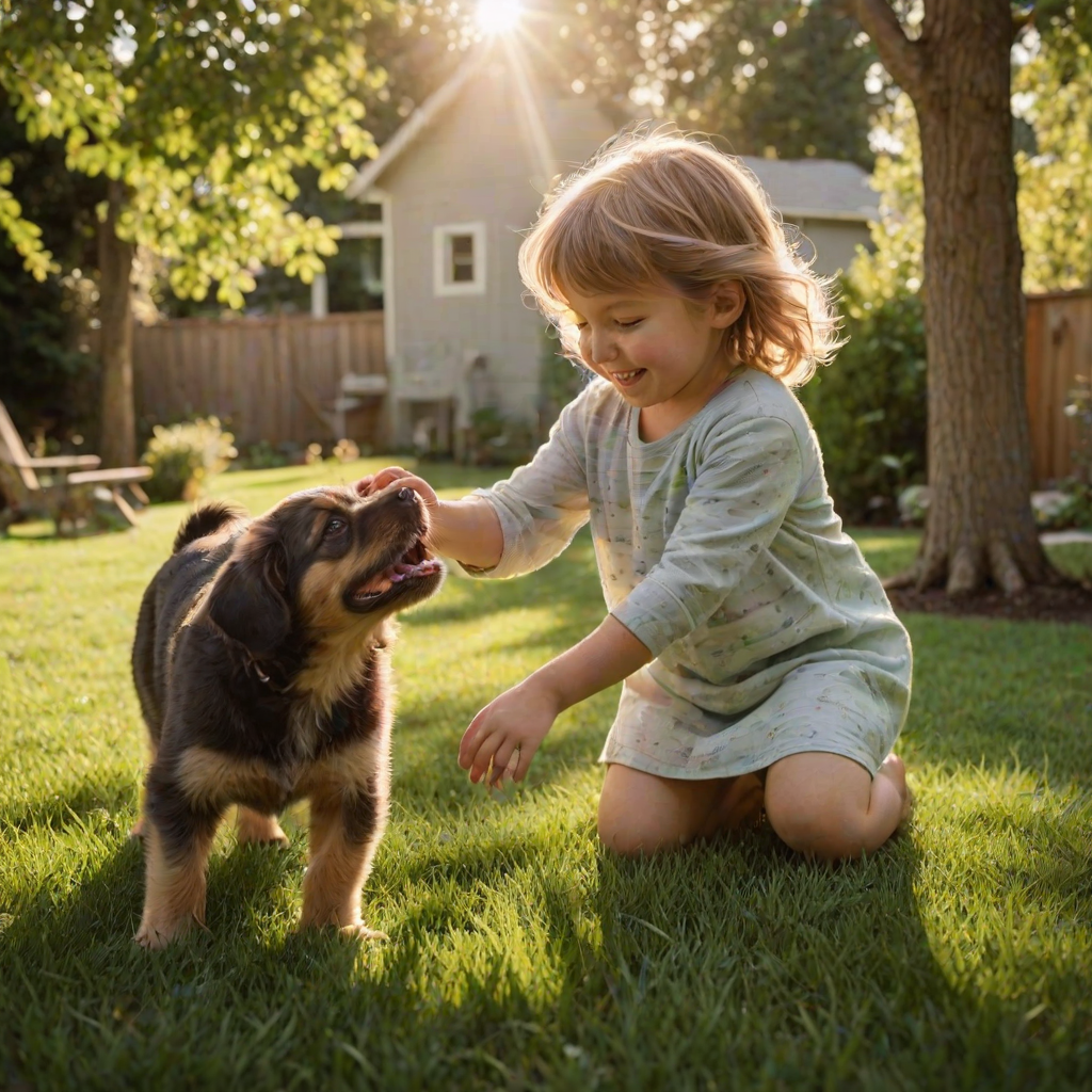 Warm, softly lit image of a child playing with a puppy in a sun-drenched backyard, soft shadows from trees dancing on the grass, the smell of freshly cut lawn lingering in the air, laughter and playful barking frozen in the moment.