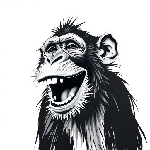 Abstract black and white acrylic portrait of an over exaggerated laughing (monkey). Minimalism style. White background.
