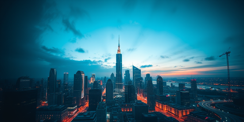 Create a high-resolution image of a futuristic city skyline at dusk, utilizing a DSLR camera with a 50mm lens, aperture set to f/1.8, ISO 400, long exposure of 4 seconds, captured from a high vantage point to enhance the vibrancy of the city lights and sky.
