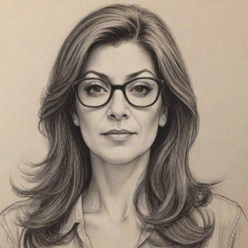 Pleasing Marina Sirtis, pencil sketch, portrait of Attractive woman 1974s in glasses, hair style beatnik, outline, clear lines, fine lines, 8k
