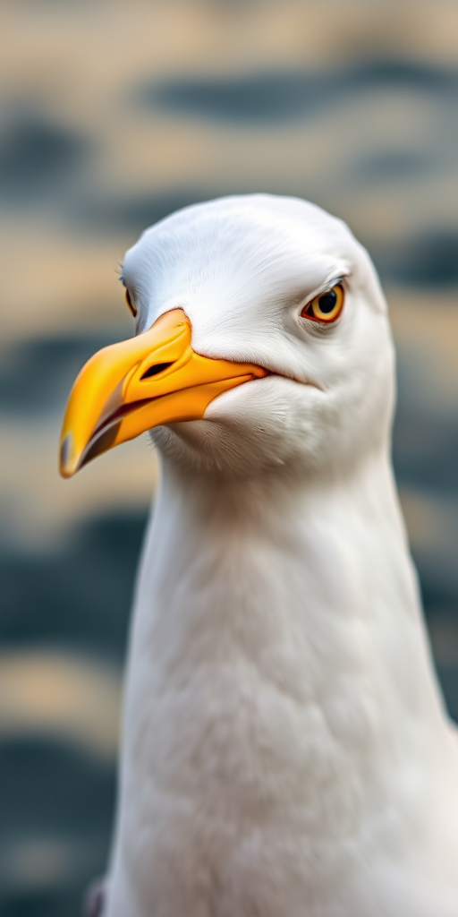 Close-up of a seagull with vibrant yellow bill and keen eye, blurred water background with bokeh effect, taken with a DSLR camera, 50mm lens, aperture f/2.8, shutter speed 1/1000s, ISO 200.