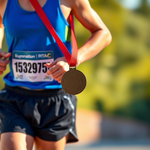 Create an illustration of a runner in a blue tank top and black shorts with a blurred background, focus on a hand holding a medal in the foreground, using a Canon EOS R camera, f/4 aperture, 50mm lens, ISO 100, natural lighting, vibrant colors.