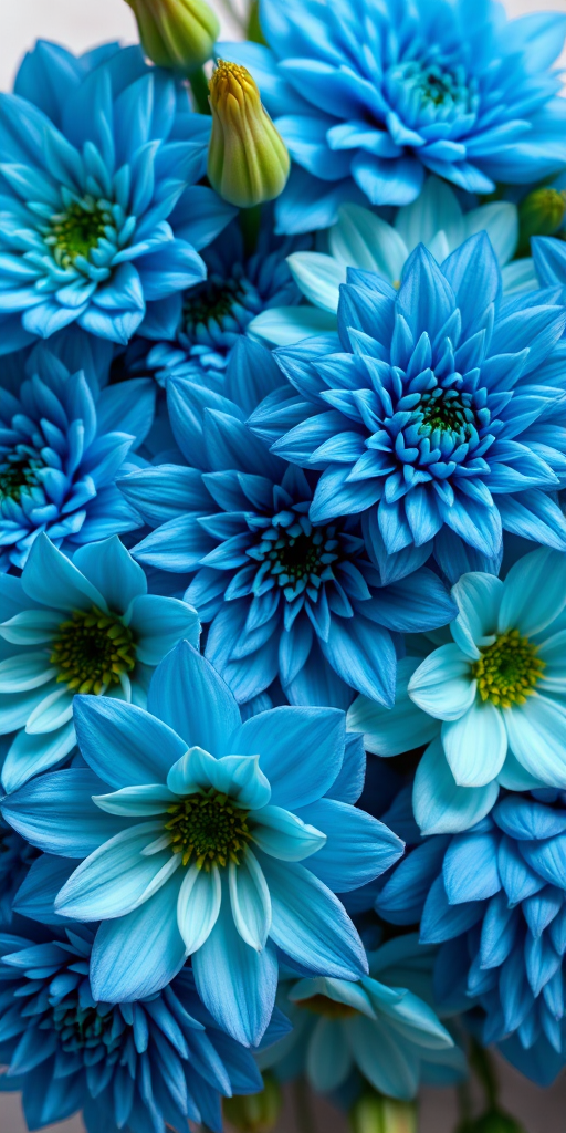 Create a vibrant floral arrangement featuring blue and turquoise flowers with intricate details and soft gradients, using a DSLR camera with a 50mm lens at f/2.8, shot from a top-down view, employing a shallow depth of field for enhanced clarity and aesthetic appeal.