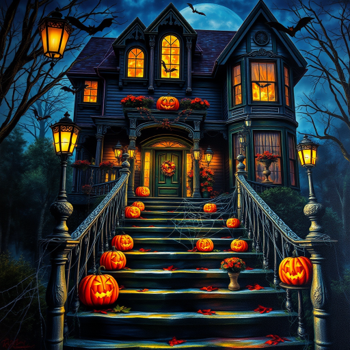 airbrushed oil painting, halloween theme, a haunted house, stairs, highly decorated, illuminated, lanterns, jack o'lantern, bats, webcobs