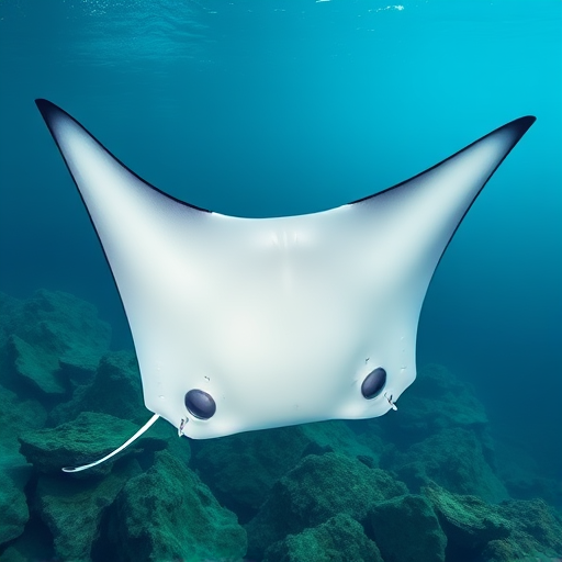 Create a high-resolution illustration of a sleek manta ray swimming gracefully through the ocean, captured with a DSLR camera at f/2.8 aperture, 1/500s shutter speed, using a wide-angle lens with a vibrant color palette to enhance the underwater scene.