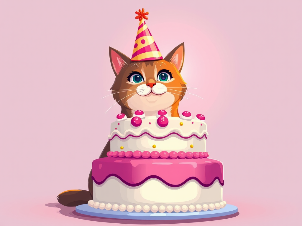 Create a whimsical illustration of a cat wearing a party hat, sitting confidently behind a two-tier birthday cake with a lit candle on top, in vibrant colors, with a soft focus effect, shot at f/4 aperture and 1/125 shutter speed, using a DSLR camera from a slightly elevated angle for added perspective.