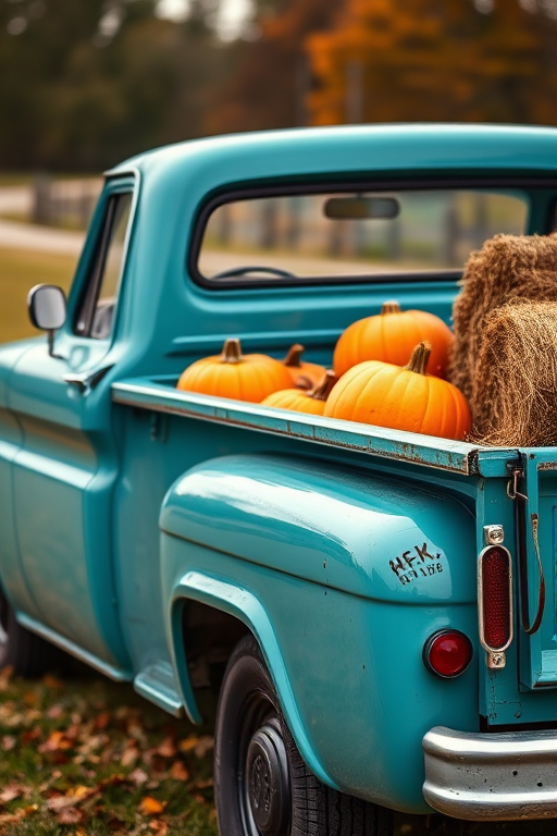 Generate an image of a vintage teal pickup truck filled with pumpkins and hay bales in the back, captured from a side view with a shallow depth of field, using a DSLR camera at f/2.8, ISO 100, and a focal length of 50mm for enhanced image quality.