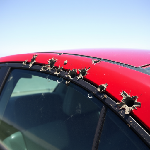A red car riddled with bullet holes and shattered windows, parked under clear skies in an open area.