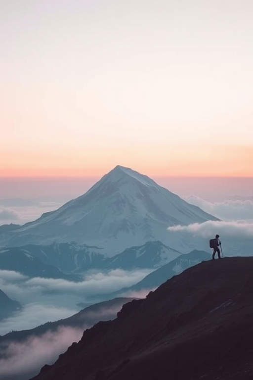 Soft-focus image of a snowy mountain peak under a pastel-colored sunset sky, with soft mist rolling down the slopes and a lone hiker silhouetted on a ridge.