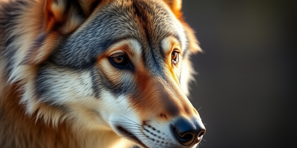 A close-up shot of a wolf's face in soft natural light, with a shallow depth of field, using a Canon EOS 5D Mark IV, 85mm f/1.4 lens, ISO 200, aperture f/2.8, shutter speed 1/500s.