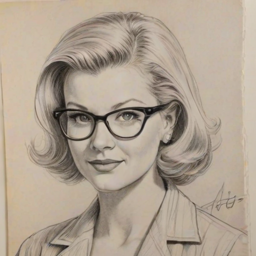 Radiant Barbara Niven, pencil sketch, portrait of Pleasing woman 1954s in glasses, hair style beatnik, outline, clear lines, fine lines, 8k