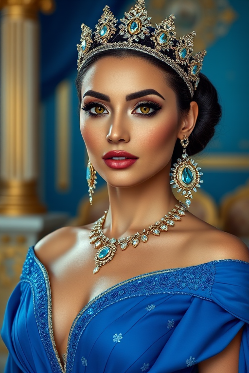 A gorgeous Coptic woman in a luxurious blue gown, accessorized with a dazzling tiara and statement earrings, her deep Yellow eyes highlighted by impeccable makeup, poised in a royal setting, photorealistic, 8K quality