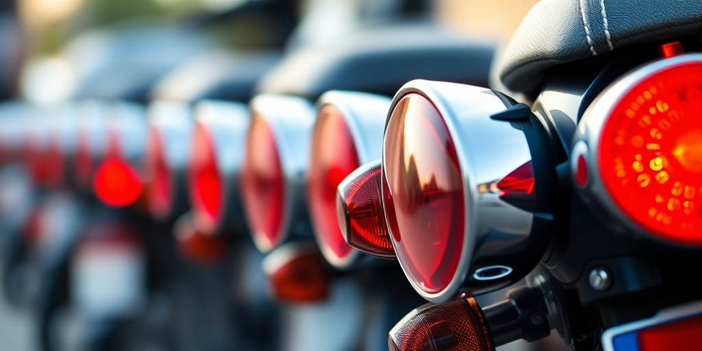 A close-up shot of motorcycle tail lights in a row, shallow depth of field, f/2.8, 50mm lens, 1/250s shutter speed, ISO 100, taken with a DSLR camera, natural light, focus on the shimmering chrome and red glass against a soft blurred background.