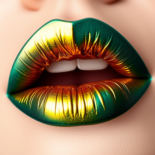Duo-chrome lips shifting between teal and gold, unique and captivating, showcasing an innovative approach to lip color and texture